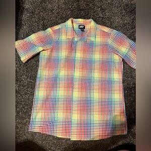Lands' End Multicolor Checkered Shirt PRIDE 🌈 rainbow button up XXL 18-20